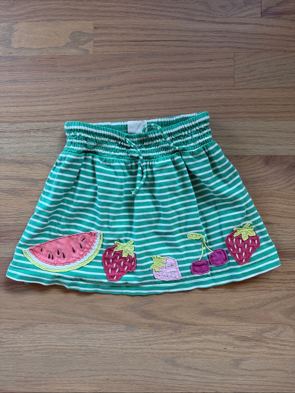Mini Boden Girls Fruit Appliqué Striped Skirt Green Strawberry Watermelon 5-6T